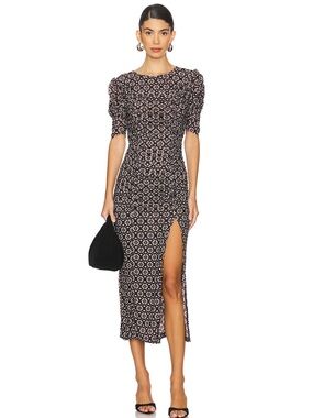 FREE PEOPLE Briella Midi Dress XS Black Burgundy Floral Puff Sleeve Side Slit XS